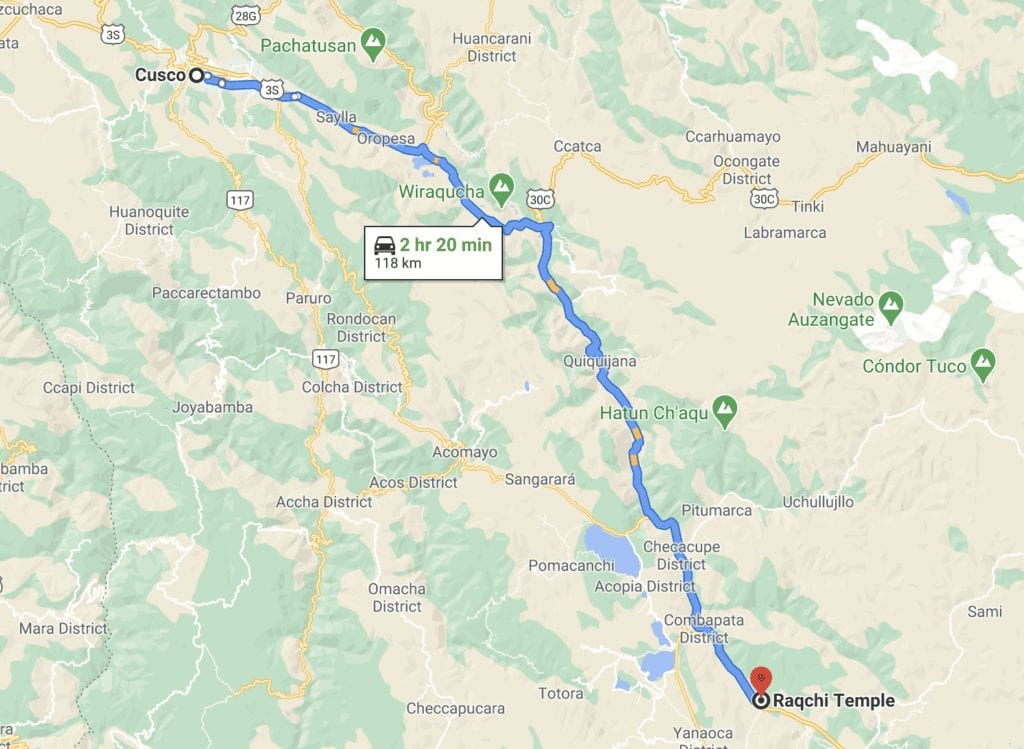 Map to Raqchi from Cusco