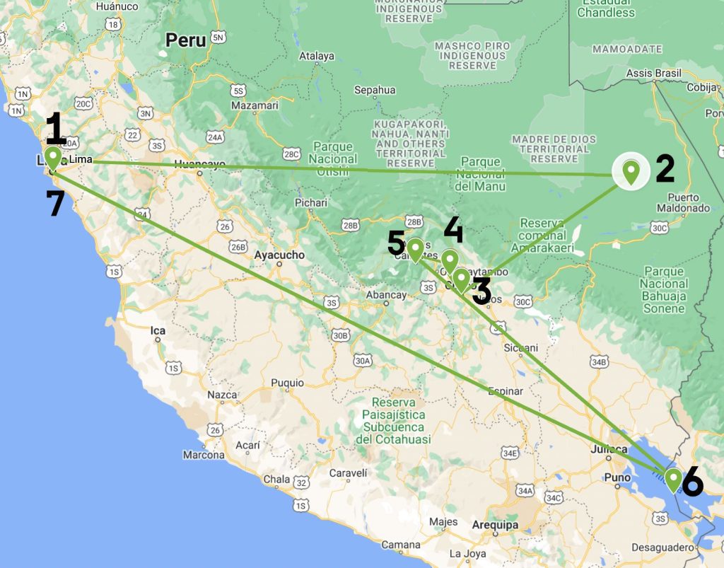 12 Day Lima to Amazon and Machu Picchu Map